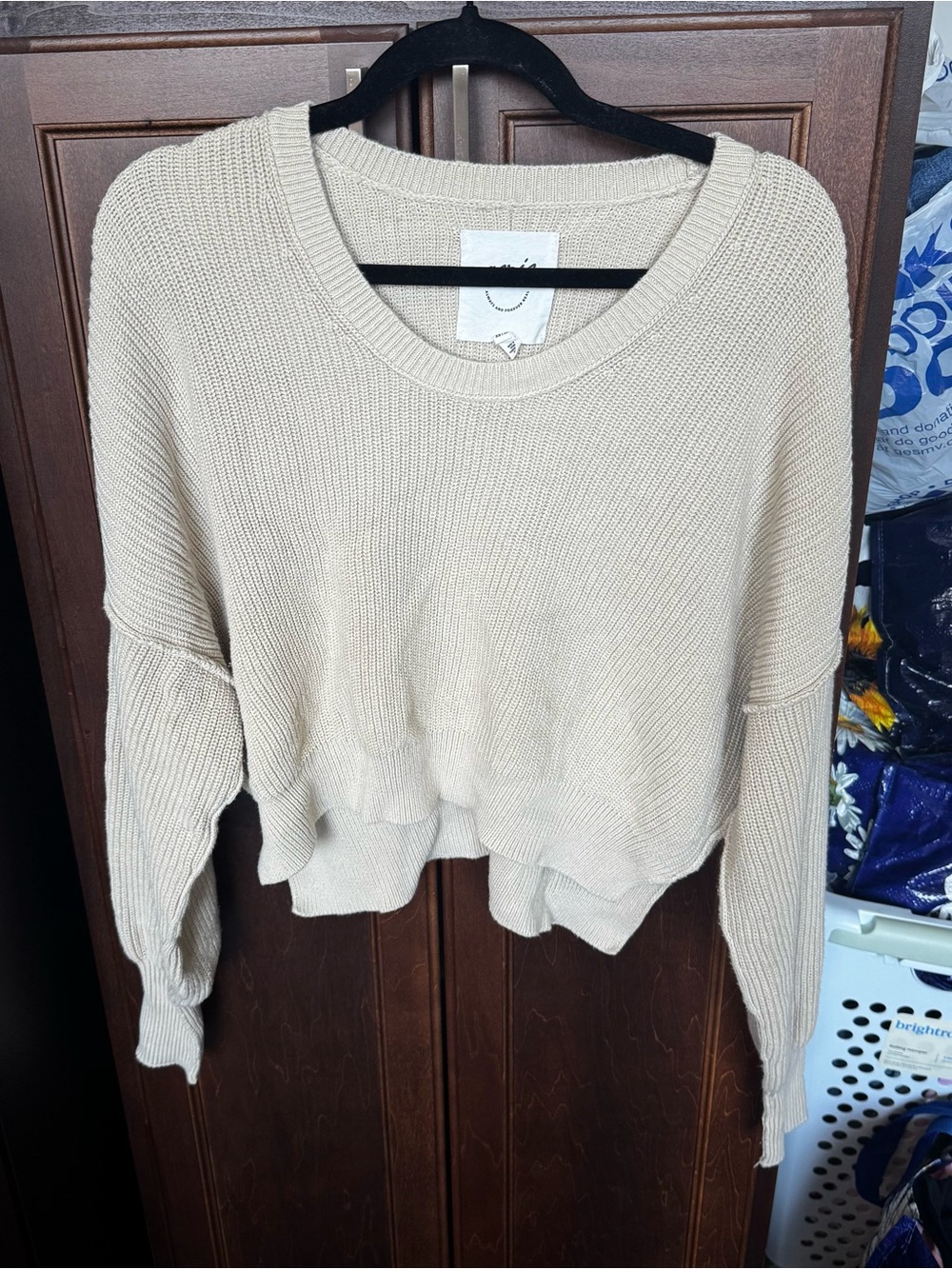 Aerie Cream Oversized Ribbed Knit Cropped Sweater Drop Shoulder XS/TP